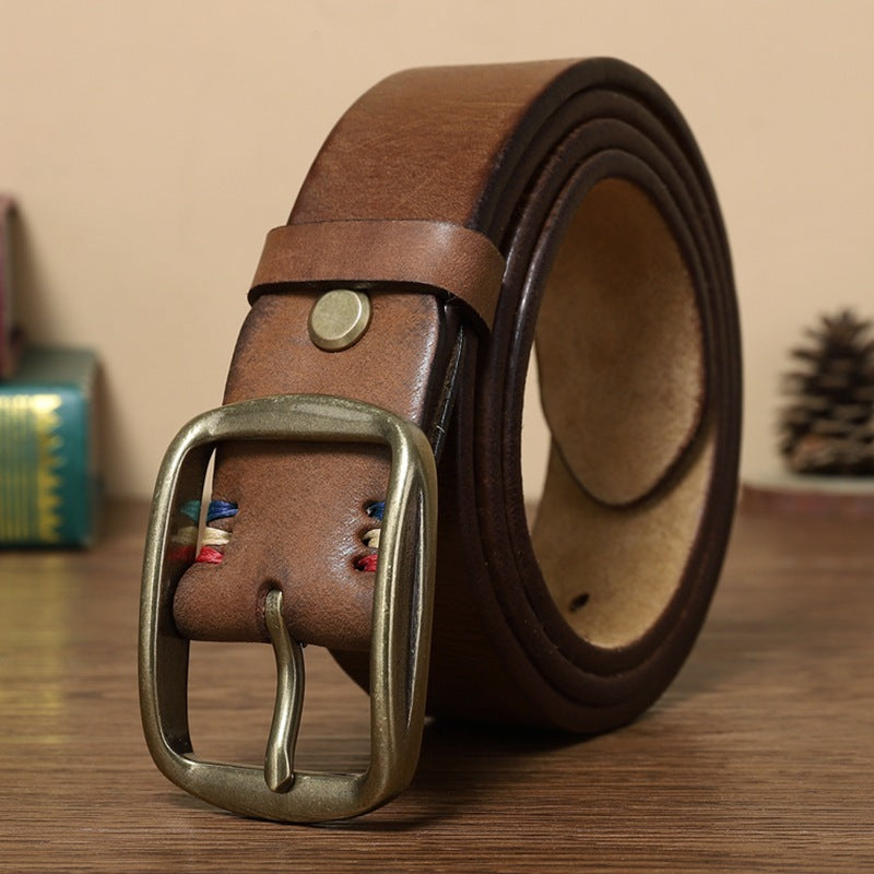 Thick Pure Copper Pin Buckle Male Genuine Cattlehide Leather Surface Retro Belt