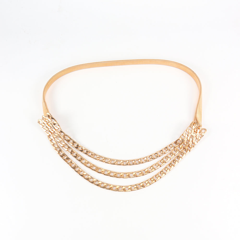 Ceinture-chaîne triple couche polyvalente et élastique, dorée, pour femme, à porter avec une robe.