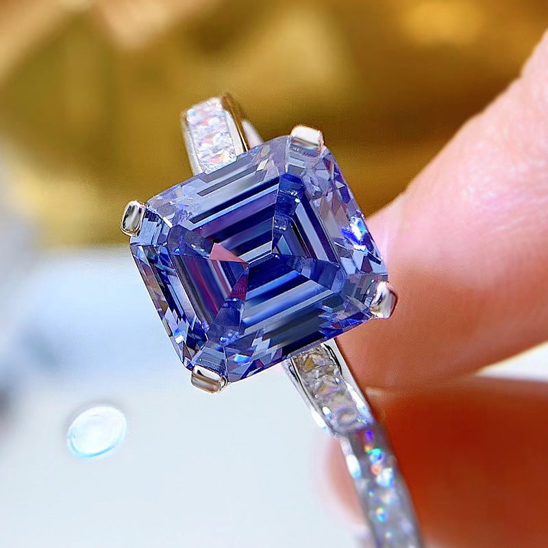 Bague en argent S925, strass gris-bleu à haute teneur en carbone
