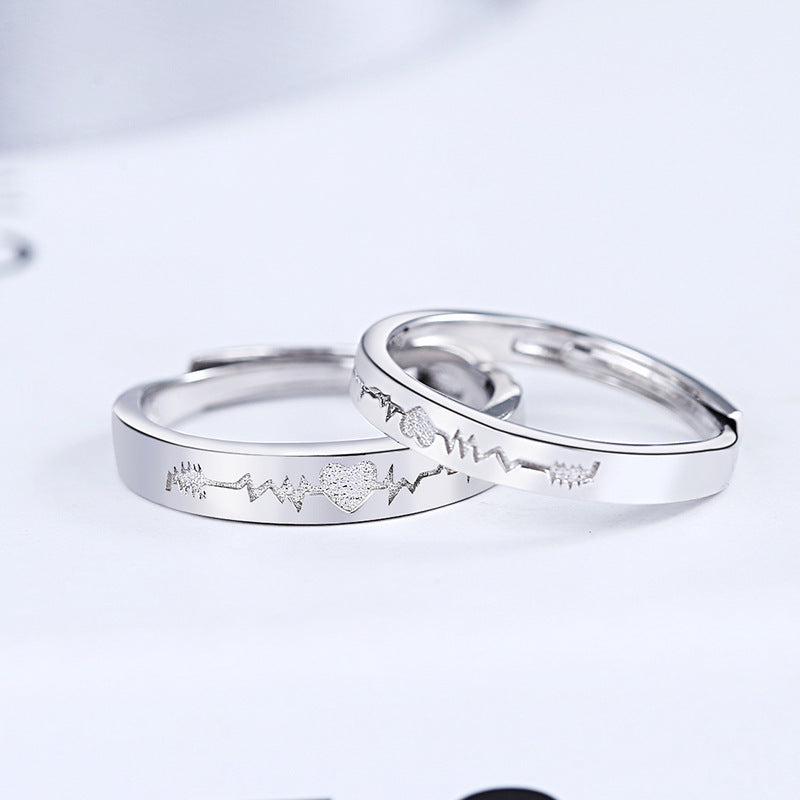 Bague de couple Battement de cœur en argent sterling pour hommes et femmes