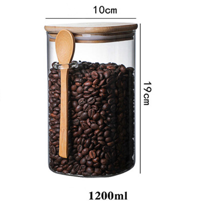 Square Glass Sealed Storage Jar With Wooden Spoon Seasoning