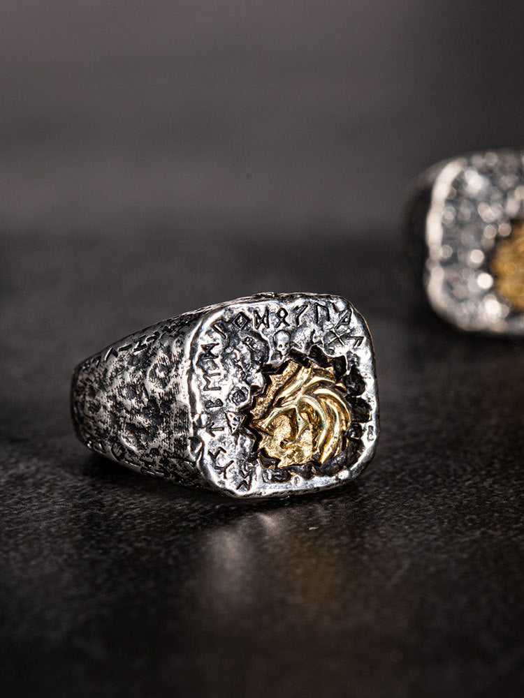 Bague en cuivre incrustée d'argent tête de loup Fenrille