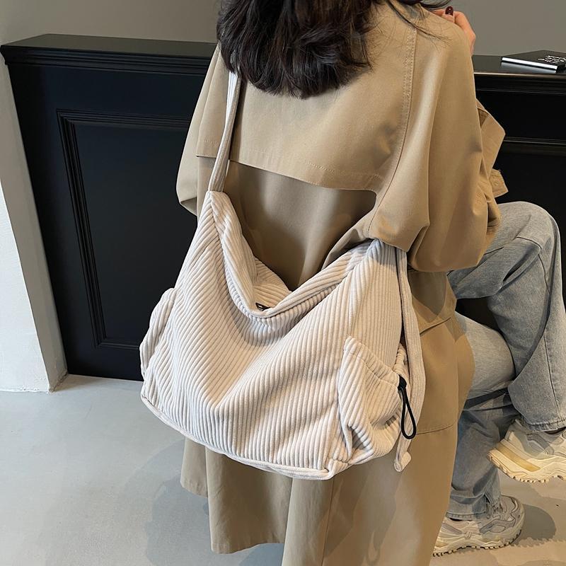 Sac bandoulière simple grande capacité en velours côtelé pour femmes