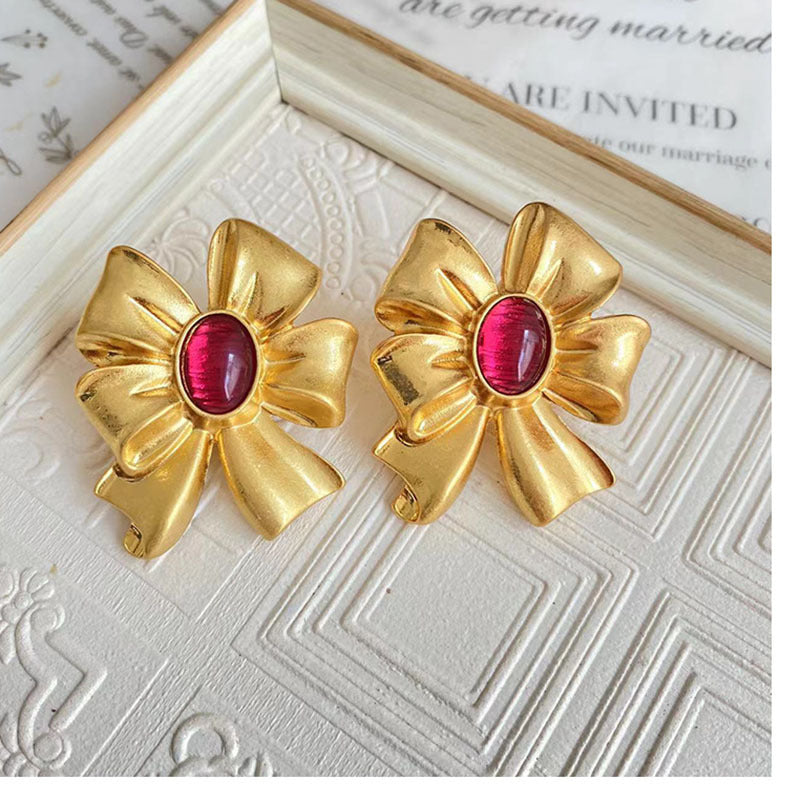 Plain Gold Bowknot Glass Stud Earrings Retro Exaggerated Simple Fashion