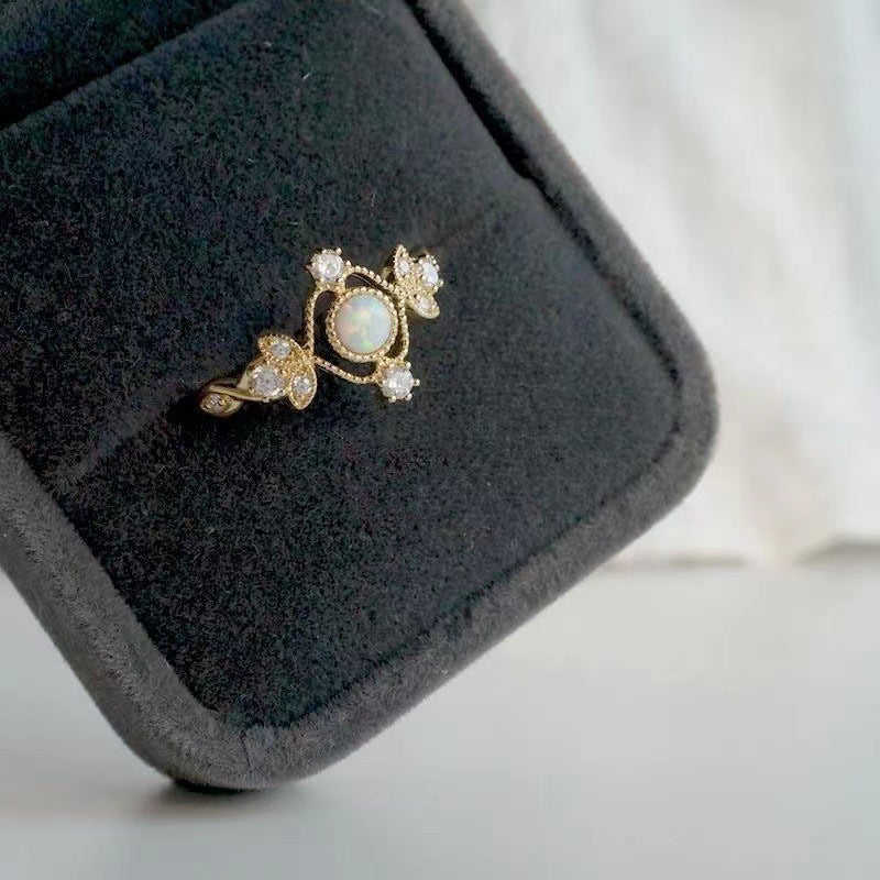 Inlaid Natural Opal Stone Ring Female Copper Plating Gold Ring