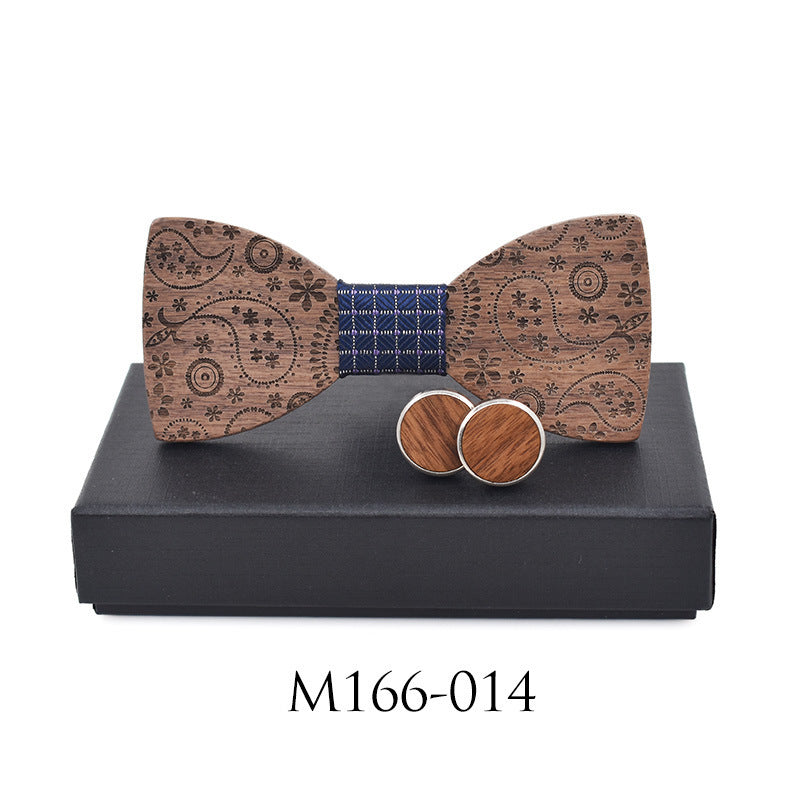Paisley Carved Party Wood Bow Tie Cufflinks Set