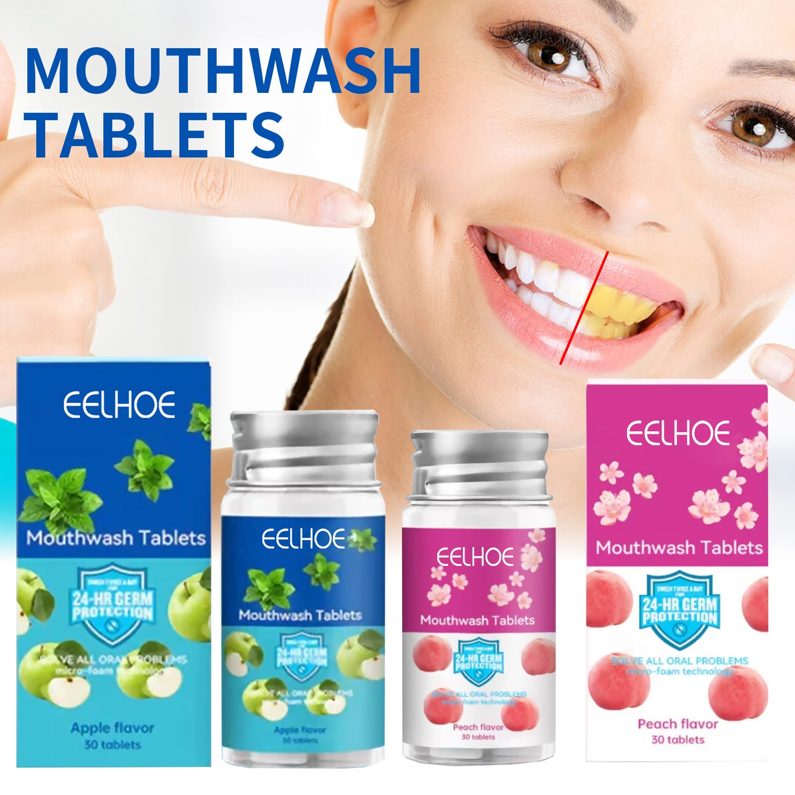 Mauvaise haleine Taches dentaires Nettoyage des dents Soin buccal Comprimés de bain de bouche concentré