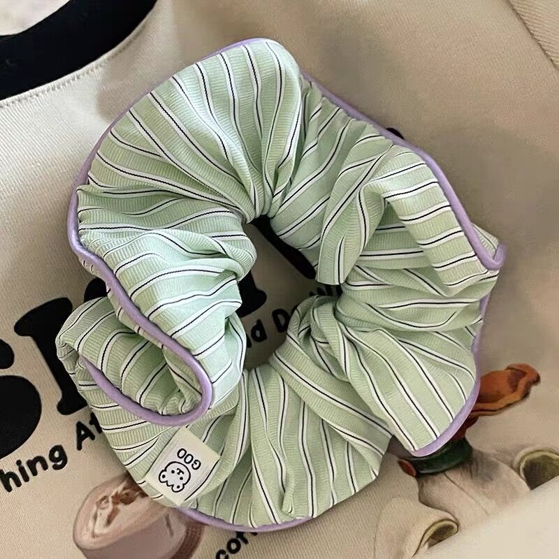 Cream-colored Contrast-striped Hair Accessory With A Sweet Little Bear Designa Chic Scrunchie