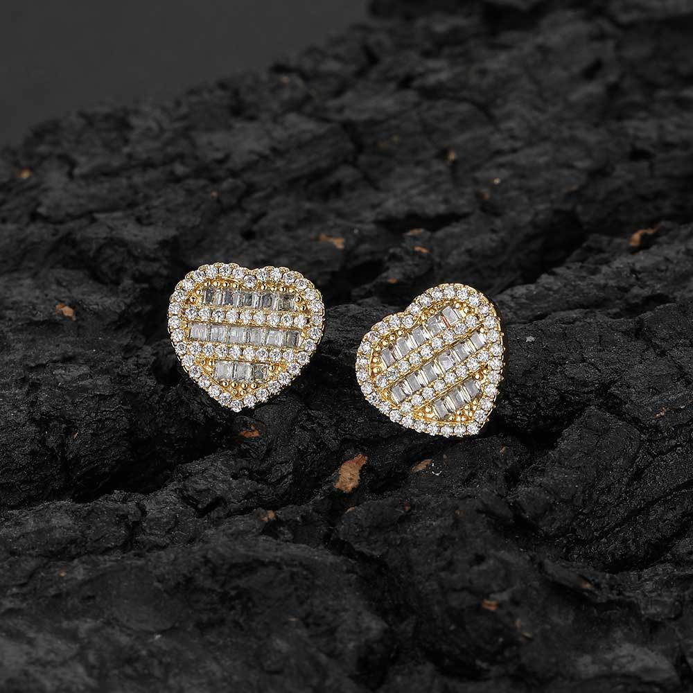 Hip Hop Square And Round Mix Inlaid Zircon Love Heart Stud Earrings