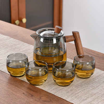 Théière en verre avec séparateur d'eau et poignée en bois de style chinois