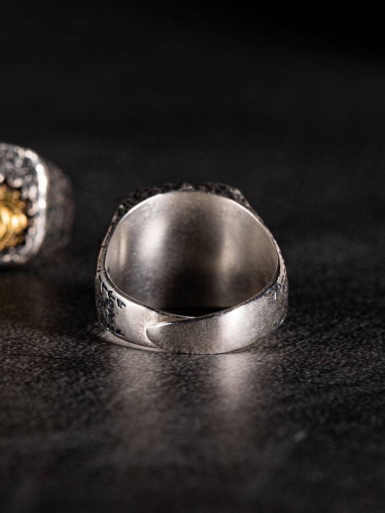 Bague en cuivre incrustée d'argent tête de loup Fenrille