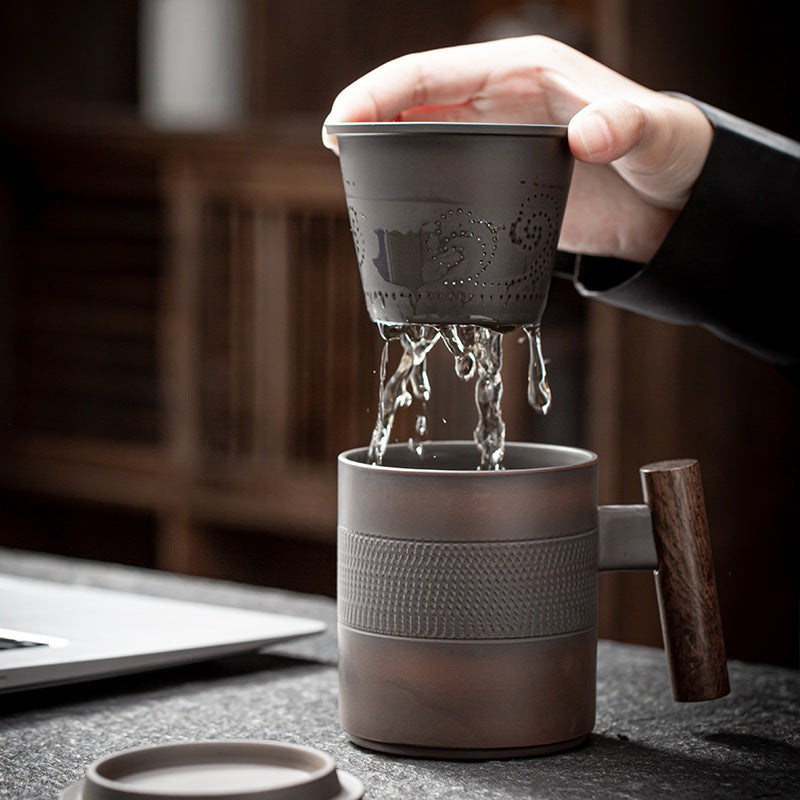 Mug en poterie violette, tasse à café et à lait en céramique avec couvercle, filtre domestique