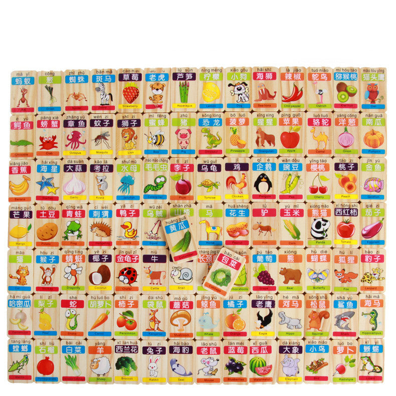 Dominos animaux et fruits recto-verso Jouets pour enfants Blocs de construction éducatifs