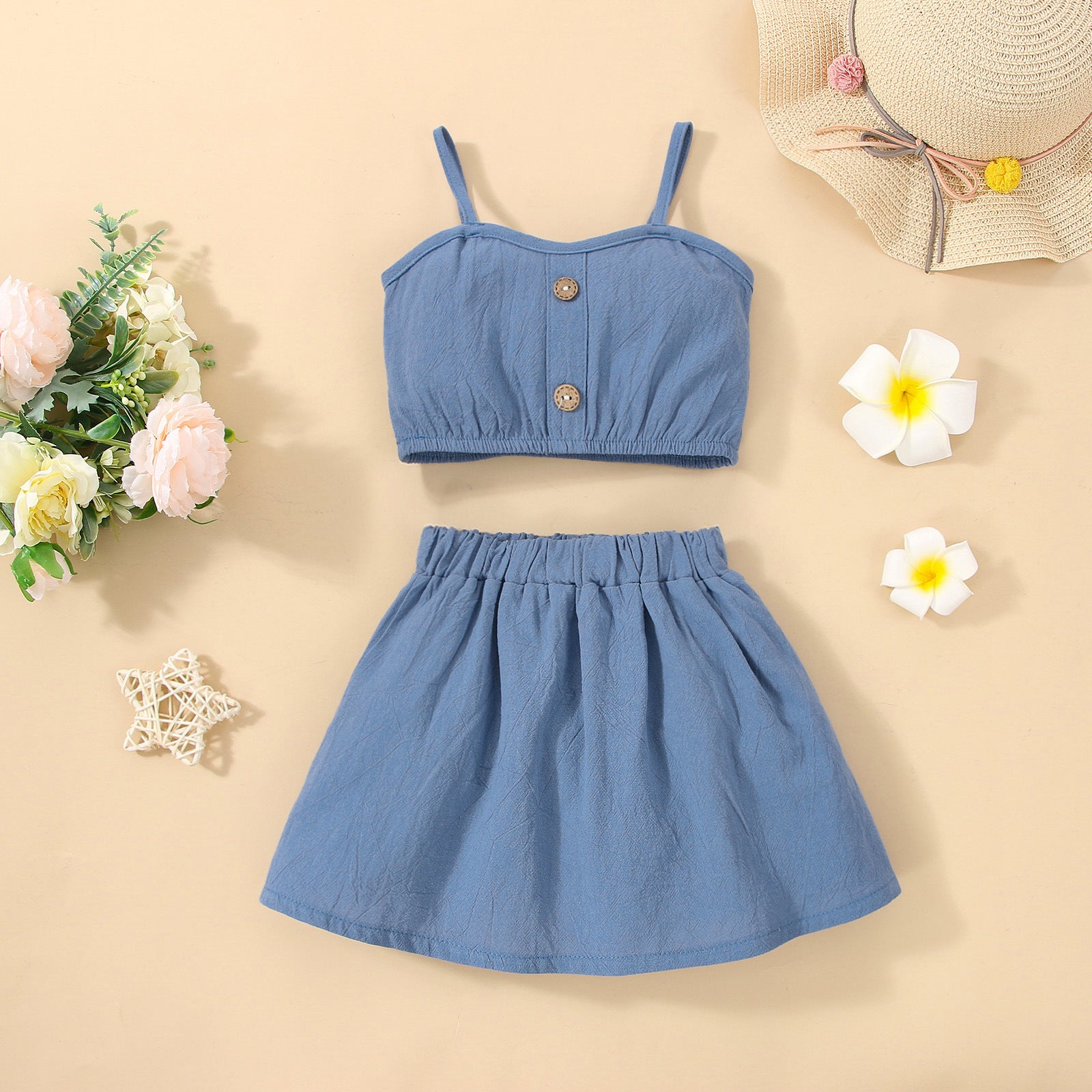 Solid Color Sling Decoration Wooden Buckle Skirt Outfit