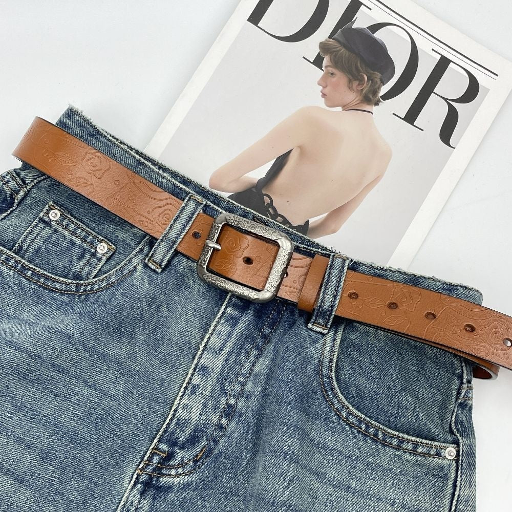 Ceinture en Cuir Vintage pour Femme, Modèle Tendance en Cuir de Vachette Gaufré