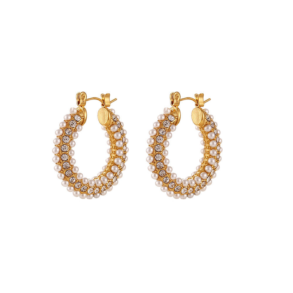 Stainless Steel Plated 18K Ring Set With Zircon Pearl Earrings For Women