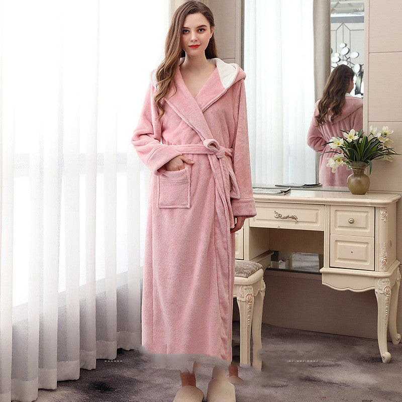Autumn And Winter Lengthened And Thick Couple Flannel Hooded Nightgown