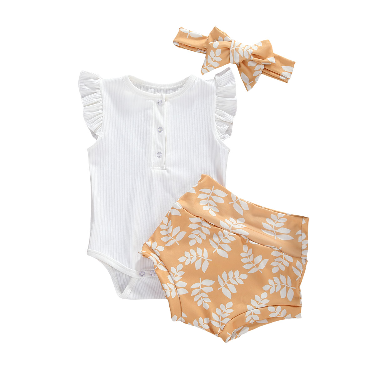 Infant And Toddler Suits Baby Girl Dark Button White Top Printed Shorts Suit Thre-piece Set