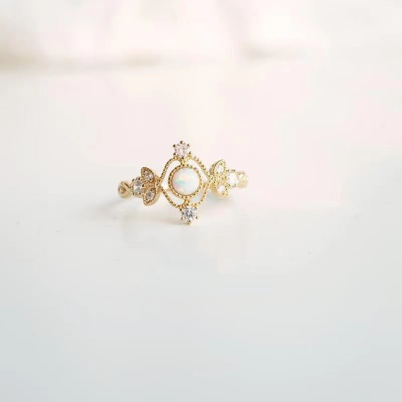 Bague Femme en Pierre Opale Naturelle Incrustée, Placage Cuivre Doré