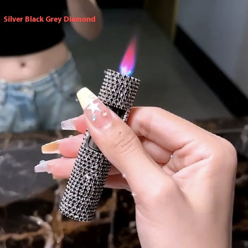 Rhinestone Cylinder Press Flame Windproof Gas Lighters