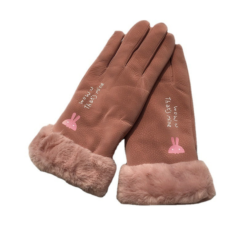 Gants d'équitation d'automne et d'hiver pour femmes, style coréen, alphabet dessin animé, chauds, double couche, doublés polaire