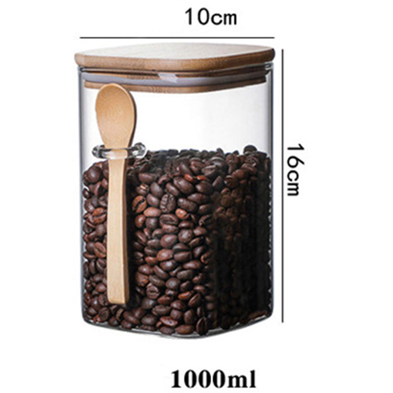 Square Glass Sealed Storage Jar With Wooden Spoon Seasoning