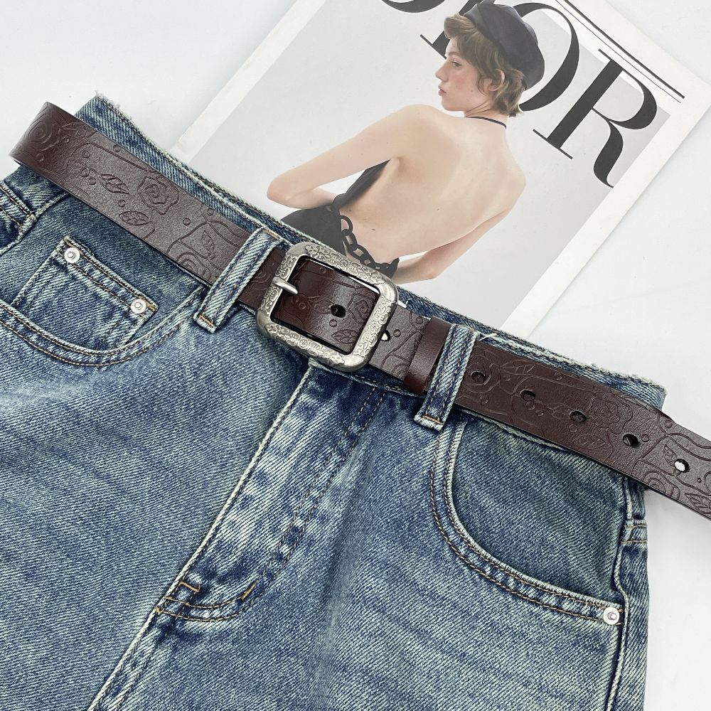 Ceinture en Cuir Vintage pour Femme, Modèle Tendance en Cuir de Vachette Gaufré