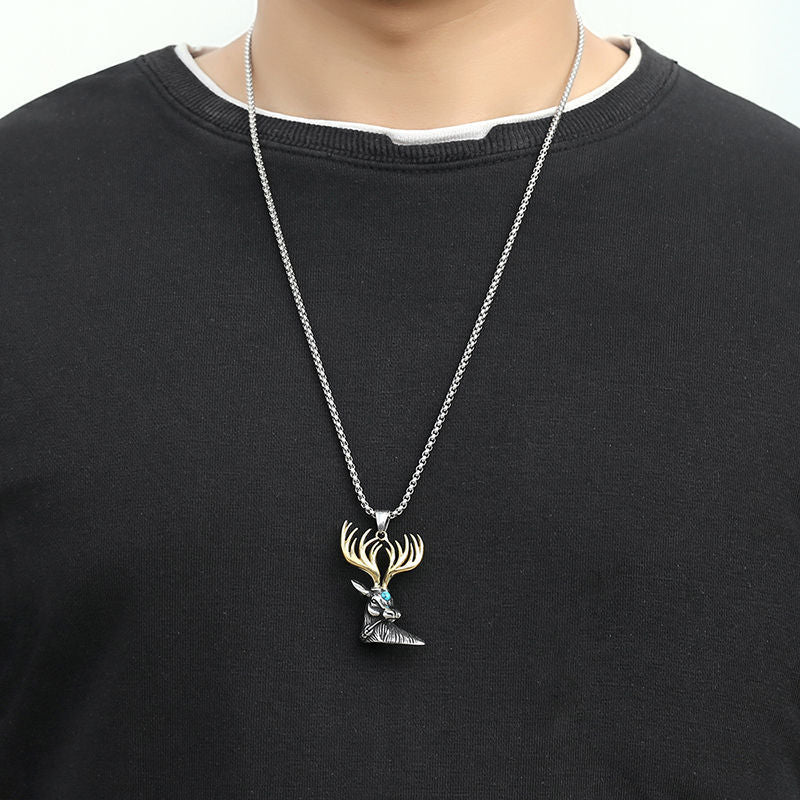 Steel Vintage Elk Horn Necklace Men Personality Pendant