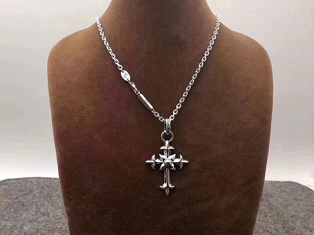 Chaîne de chandail argentée, style européen et américain, hip-hop de rue, pendentif croix personnalisé pour hommes, ensemble de chaînes rétro en argent thaïlandais