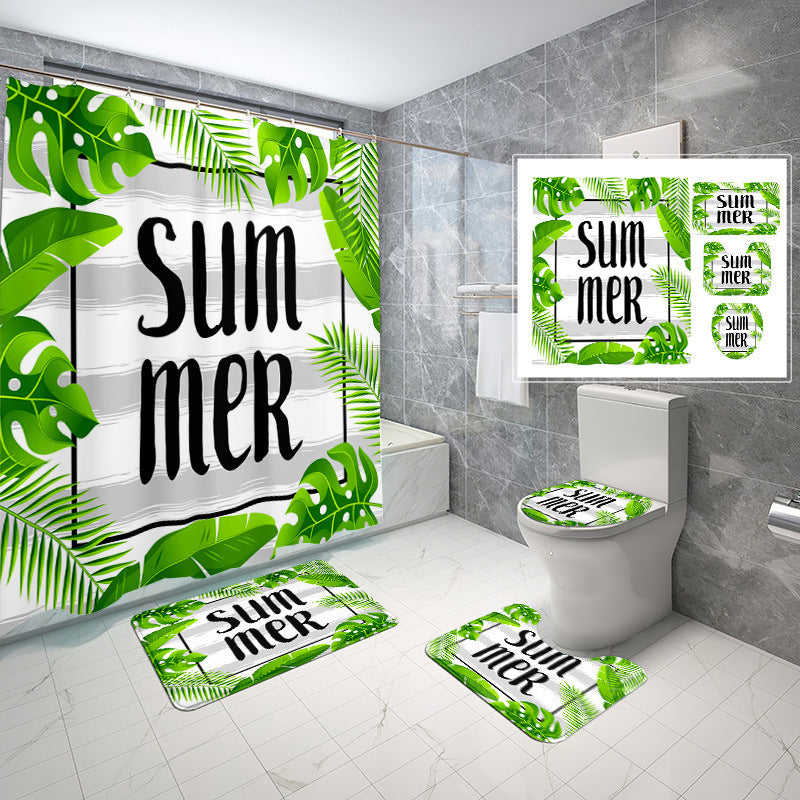 Natural Wind Leaves Printing Toilet Waterproof Shower Curtain Non-slip Floor Mat