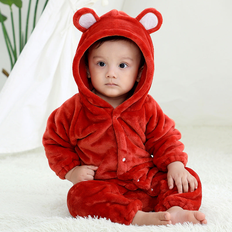 Flannel Romper Child Bear Jumpsuit Hooded Single-breasted Romper