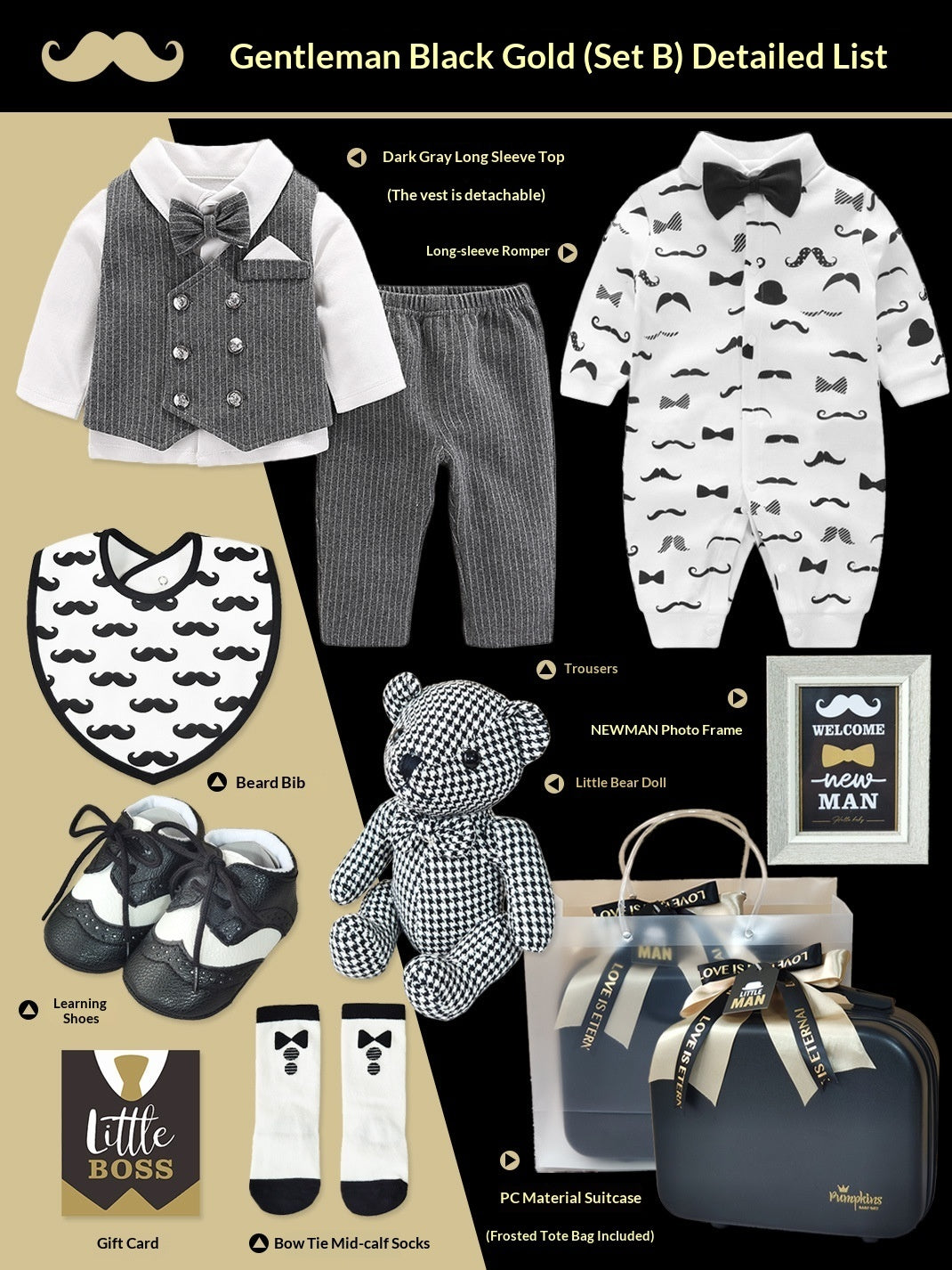 Coffret cadeau haut de gamme pour bébé – Ensemble petit gentleman noir et or