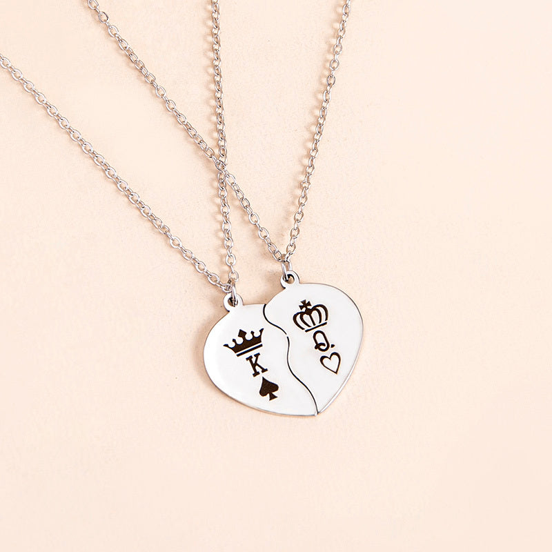 Stainless Steel King Queen Broken Heart Pendant Couple Necklaces