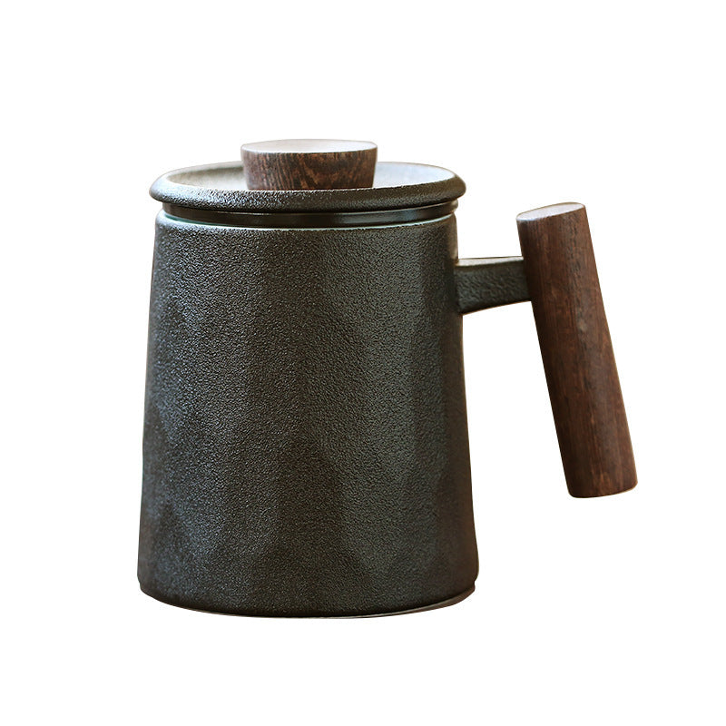 Tasse de bureau en céramique avec poignée en bois et couvercle pour filtrer et séparer le thé en poterie brute