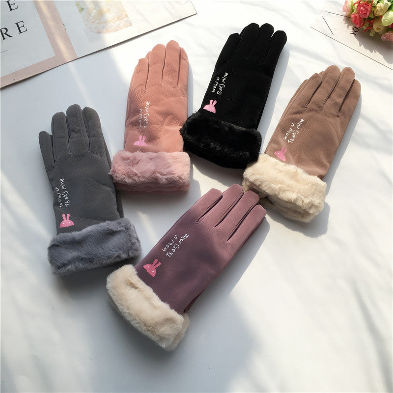Gants d'équitation d'automne et d'hiver pour femmes, style coréen, alphabet dessin animé, chauds, double couche, doublés polaire