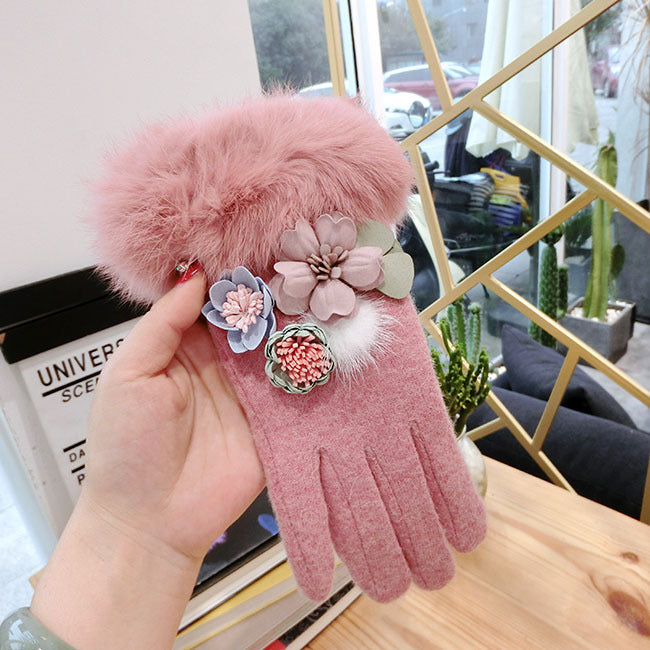Women's Fur Ball Ladies' Wool Thickened Finger-pointing Gloves