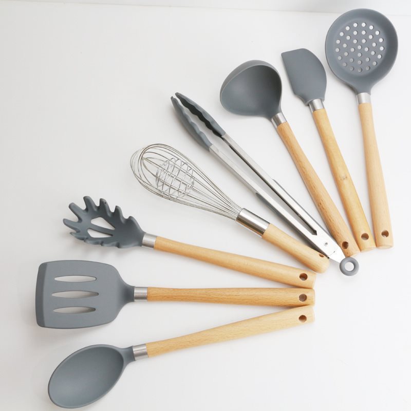 Vente directe d'ustensiles de cuisine en silicone à manche en bois et