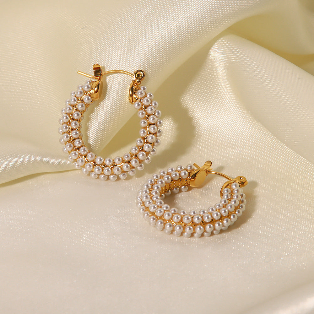 Stainless Steel Plated 18K Ring Set With Zircon Pearl Earrings For Women
