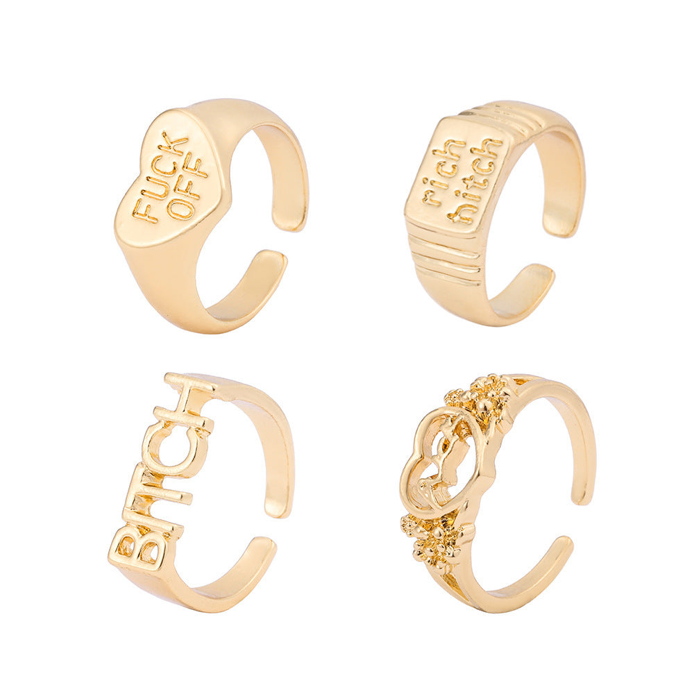 Bagues Formes Bague Coeur Découpé Lettre Alliage Vintage Lot De Quatre