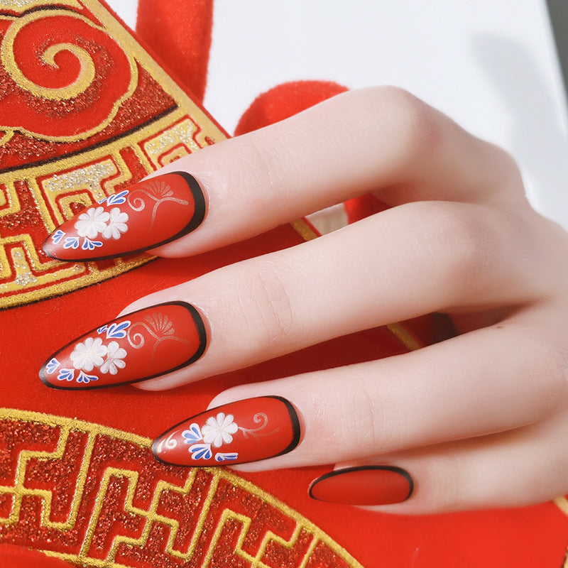 Ongles artificiels autocollants style chinois rouge vif Peinture Manucure