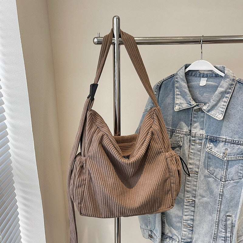 Sac bandoulière simple grande capacité en velours côtelé pour femmes