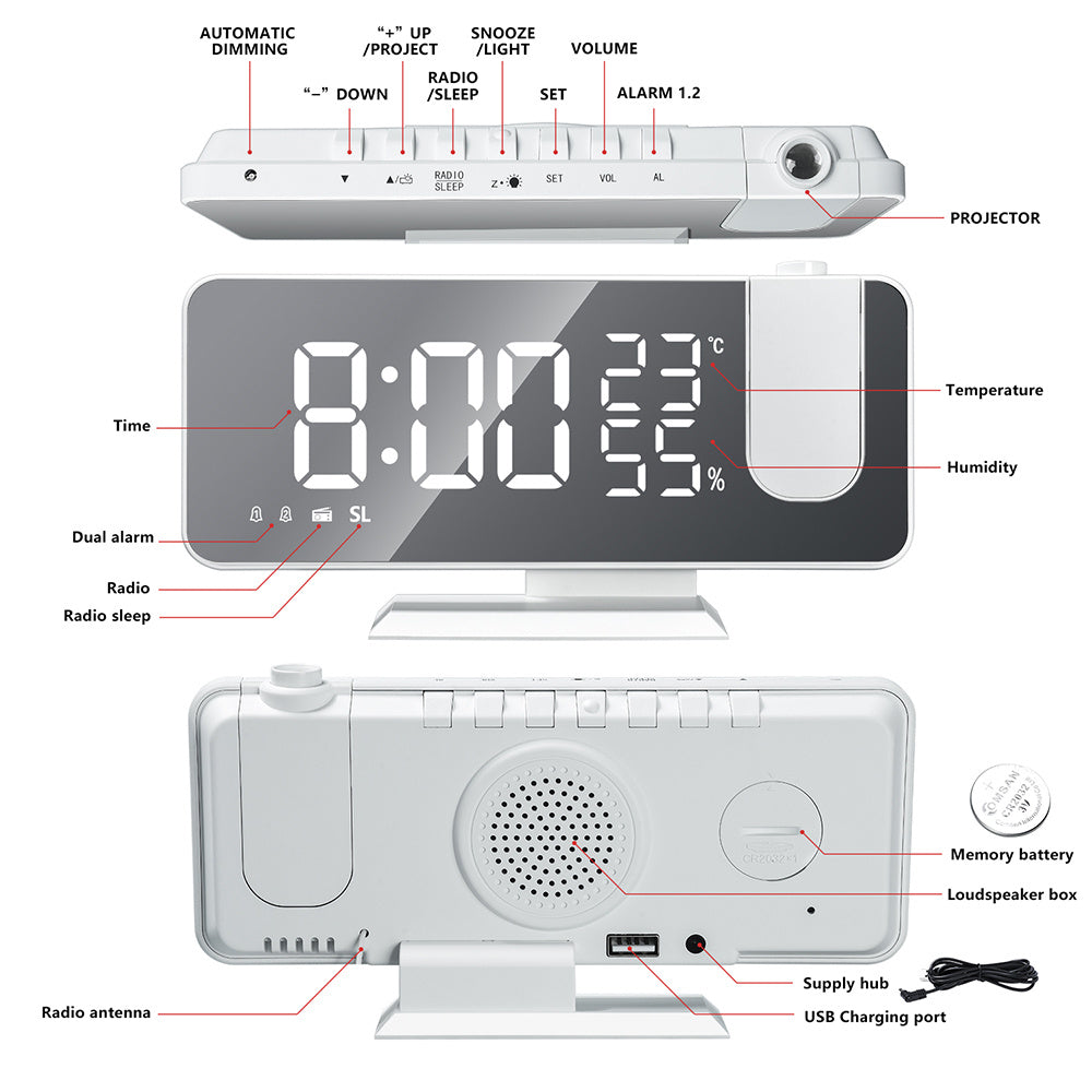 The New Temperature And Humidity Multifunctional Radio Projection Creative LED Mirror Clock