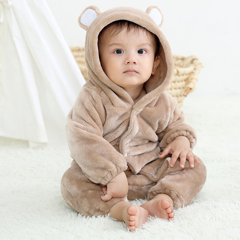 Flannel Romper Child Bear Jumpsuit Hooded Single-breasted Romper