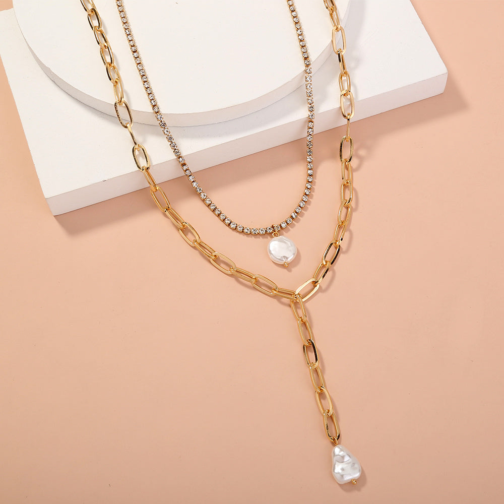 European and American cross-border jewelry, imitation baroque pearl long pendant, multi-layer necklace, rhinestone claw chain, fashion all-match necklace