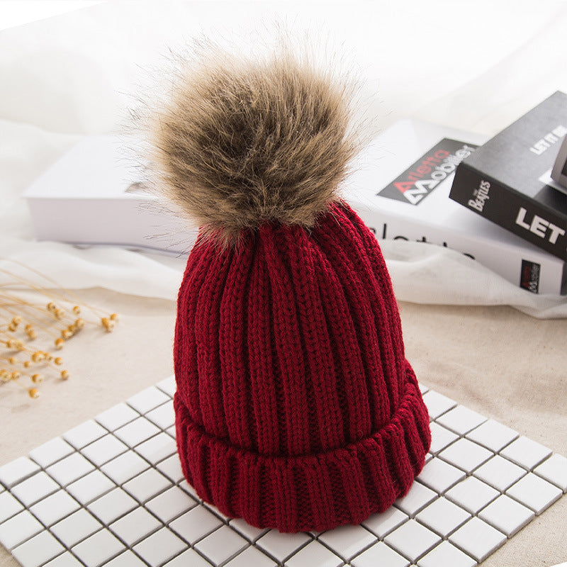 Thick Knit Hat Imitating Raccoon Fur Ball Warm Cap