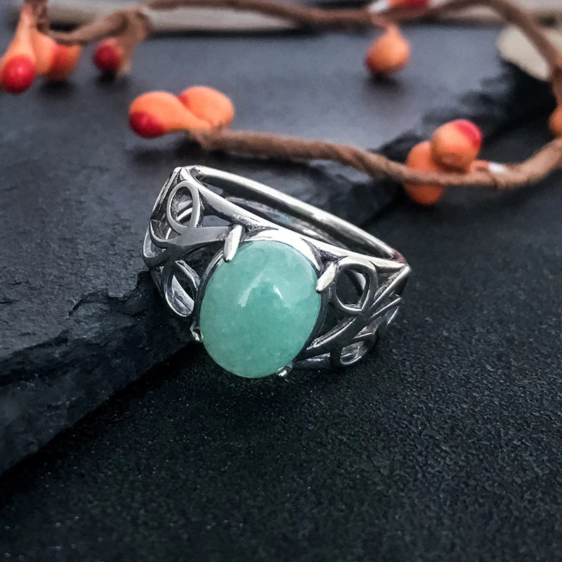 Retro Natural Gemstone Ring Hollow Pattern Ring