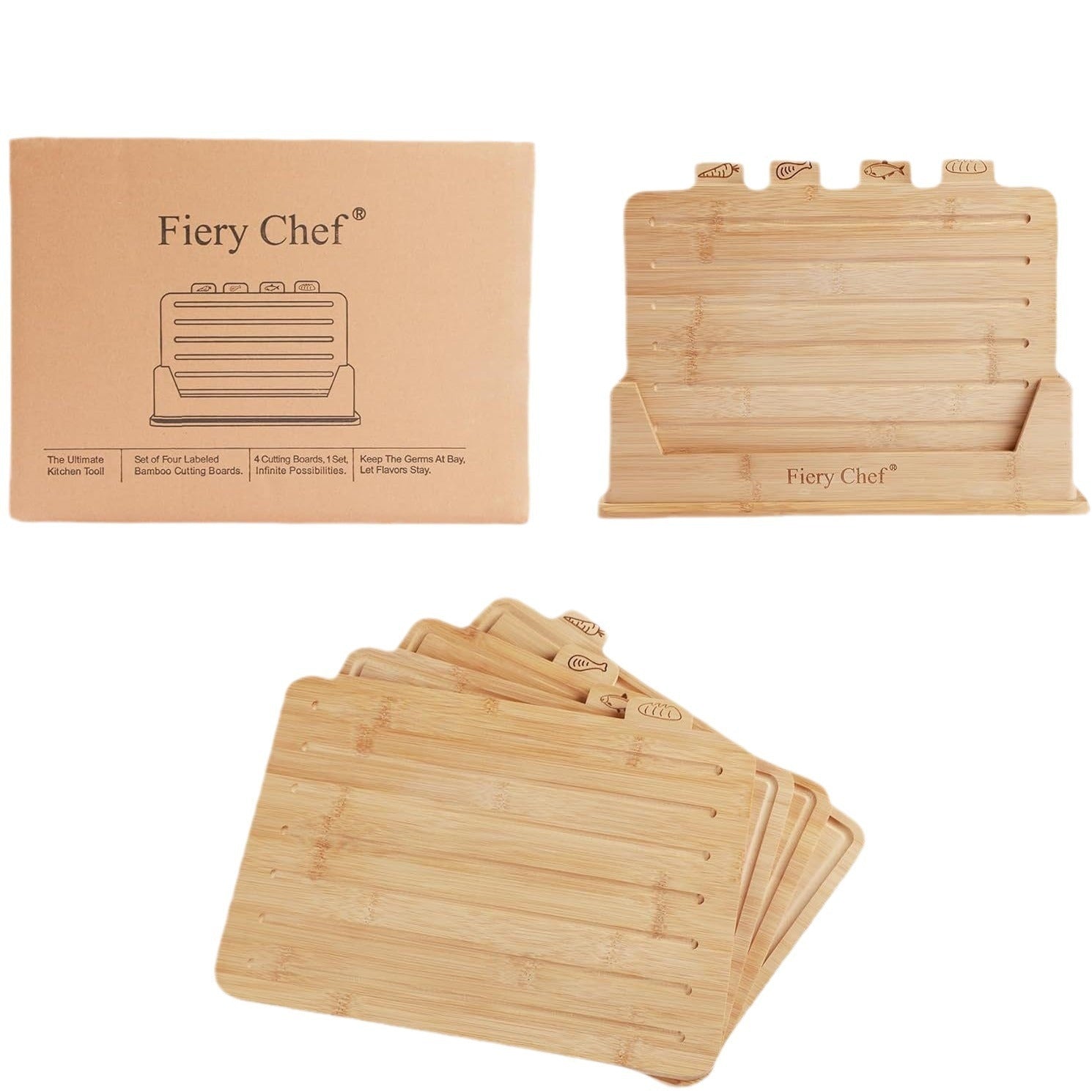 Ensemble de quatre planches à découper pour légumes et fruits avec support