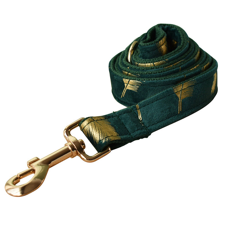 Emerald Feather Pattern Pet Collar Bow Leash Set