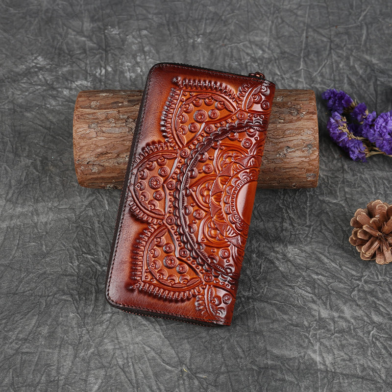 Portefeuille long pochette en cuir gaufré pour femmes