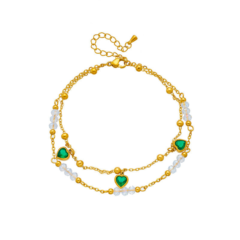 Double-layer Beaded Green Love Titanium Steel Anklet